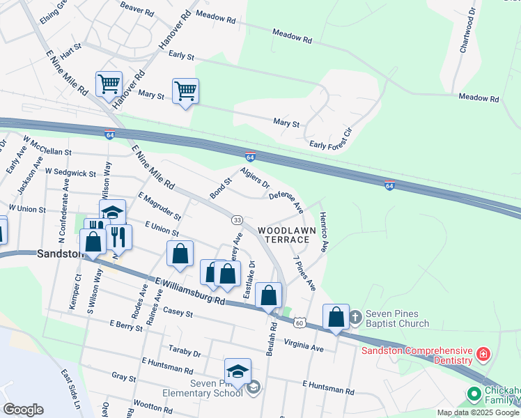 map of restaurants, bars, coffee shops, grocery stores, and more near 2120 East 9 Mile Road in Sandston