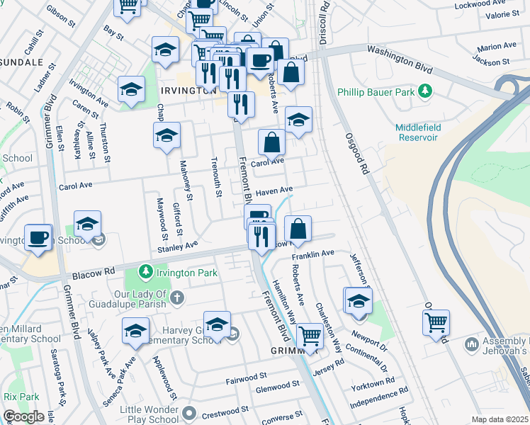 map of restaurants, bars, coffee shops, grocery stores, and more near 3923 Wildflower Common in Fremont