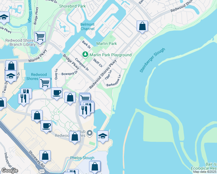 map of restaurants, bars, coffee shops, grocery stores, and more near 470 Barkentine Lane in Redwood City
