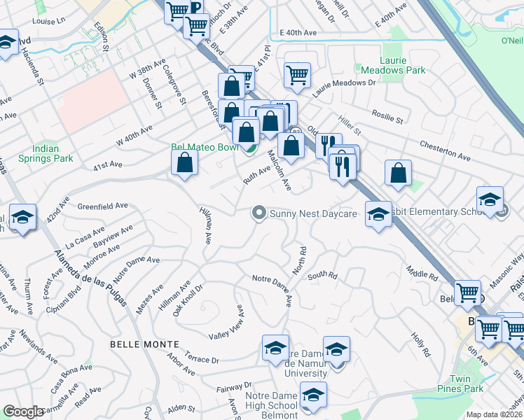 map of restaurants, bars, coffee shops, grocery stores, and more near 1214 North Road in Belmont