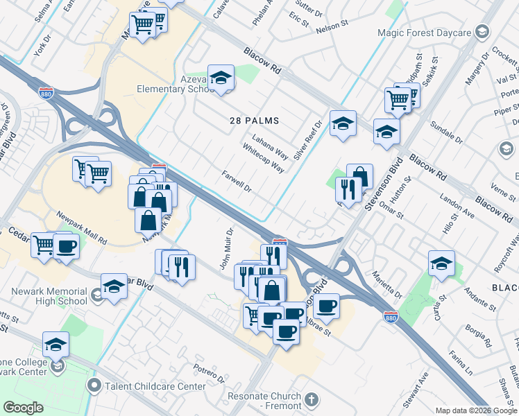map of restaurants, bars, coffee shops, grocery stores, and more near 5665 Dewey Place in Fremont