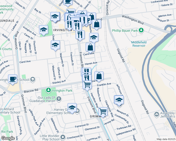 map of restaurants, bars, coffee shops, grocery stores, and more near 3923 Wildflower Common in Fremont
