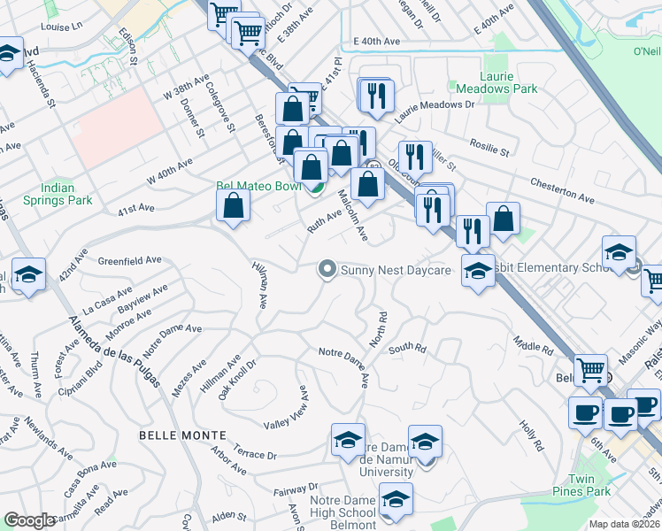 map of restaurants, bars, coffee shops, grocery stores, and more near 1214 North Road in Belmont