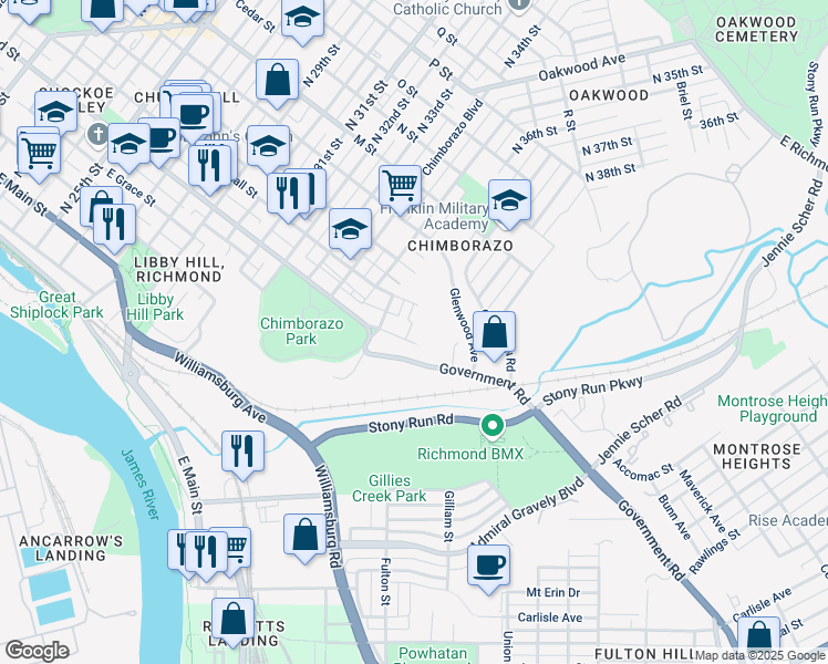 map of restaurants, bars, coffee shops, grocery stores, and more near 3622 East Broad Street in Richmond