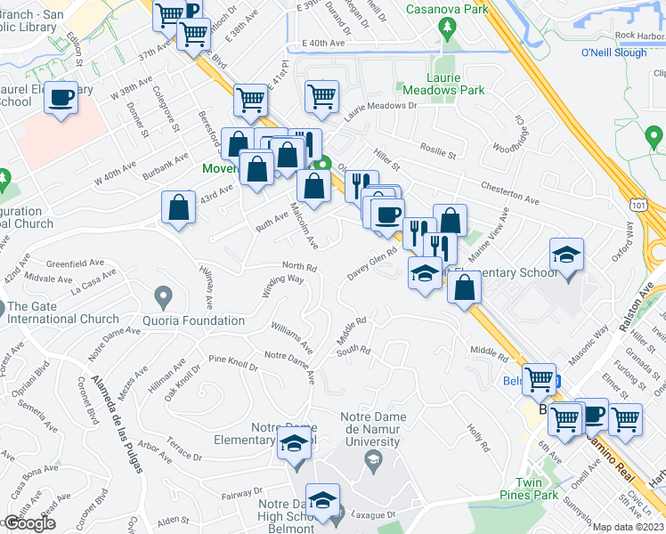 map of restaurants, bars, coffee shops, grocery stores, and more near 1230 North Road in Belmont