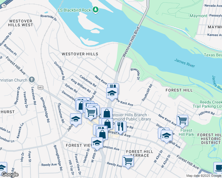 map of restaurants, bars, coffee shops, grocery stores, and more near 5000 New Kent Avenue in Richmond