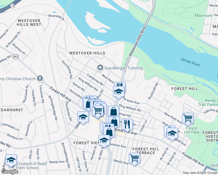 map of restaurants, bars, coffee shops, grocery stores, and more near 5017 Caledonia Road in Richmond