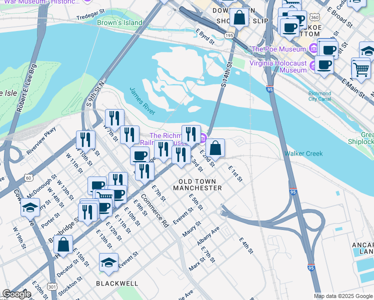 map of restaurants, bars, coffee shops, grocery stores, and more near 205 Hull Street in Richmond
