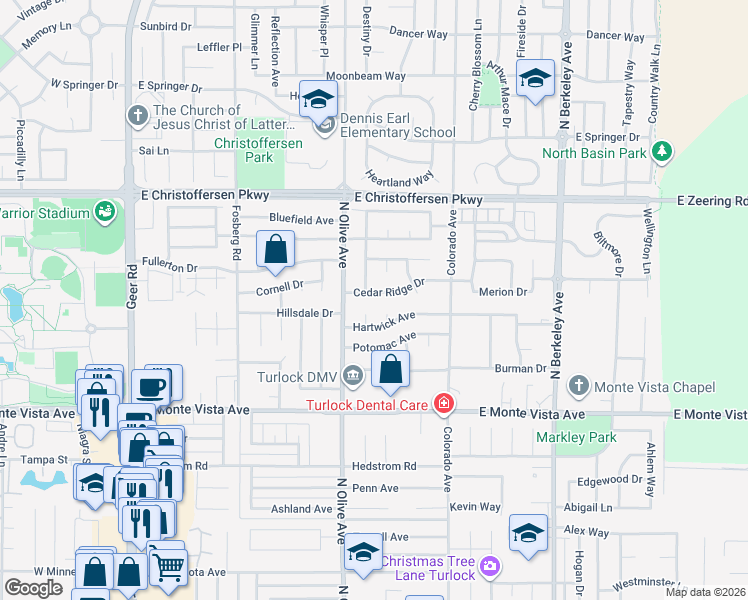 map of restaurants, bars, coffee shops, grocery stores, and more near 854 Cedar Ridge Drive in Turlock