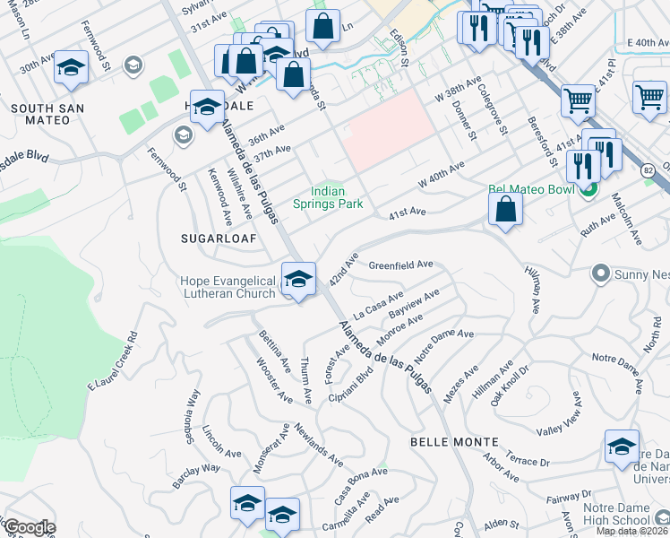 map of restaurants, bars, coffee shops, grocery stores, and more near 404 42nd Avenue in San Mateo