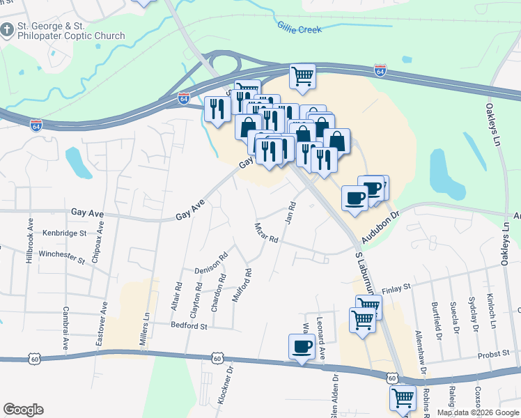 map of restaurants, bars, coffee shops, grocery stores, and more near 4510 Mizar Road in Richmond