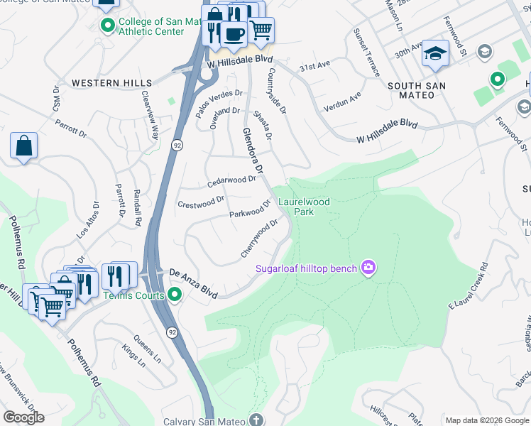 map of restaurants, bars, coffee shops, grocery stores, and more near 1413 Parkwood Drive in San Mateo