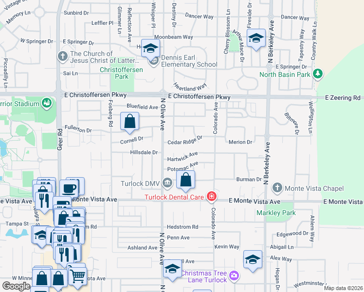 map of restaurants, bars, coffee shops, grocery stores, and more near 854 Cedar Ridge Drive in Turlock