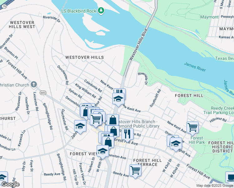 map of restaurants, bars, coffee shops, grocery stores, and more near 5000 New Kent Avenue in Richmond