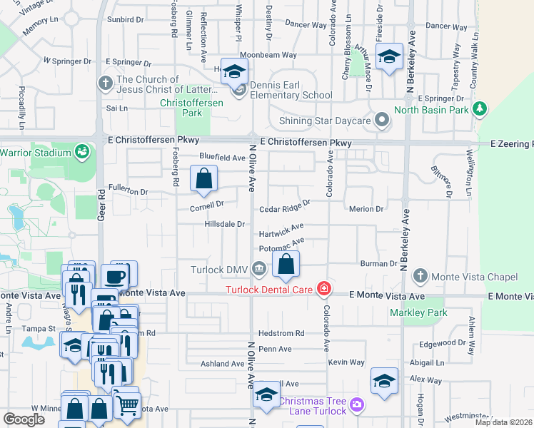 map of restaurants, bars, coffee shops, grocery stores, and more near 854 Cedar Ridge Drive in Turlock