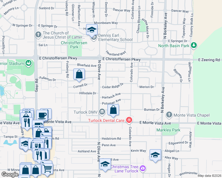 map of restaurants, bars, coffee shops, grocery stores, and more near 854 Cedar Ridge Drive in Turlock
