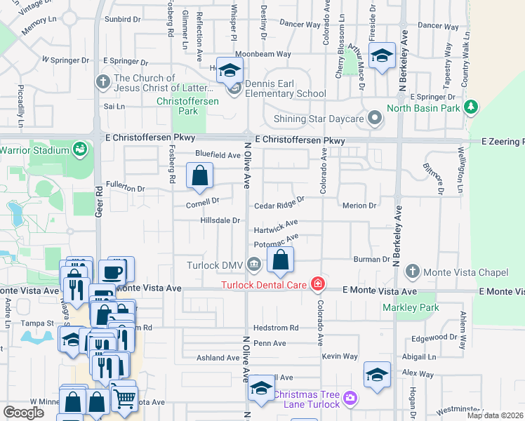 map of restaurants, bars, coffee shops, grocery stores, and more near 854 Cedar Ridge Drive in Turlock