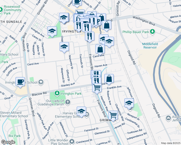 map of restaurants, bars, coffee shops, grocery stores, and more near 41784 Wild Indigo Terrace in Fremont