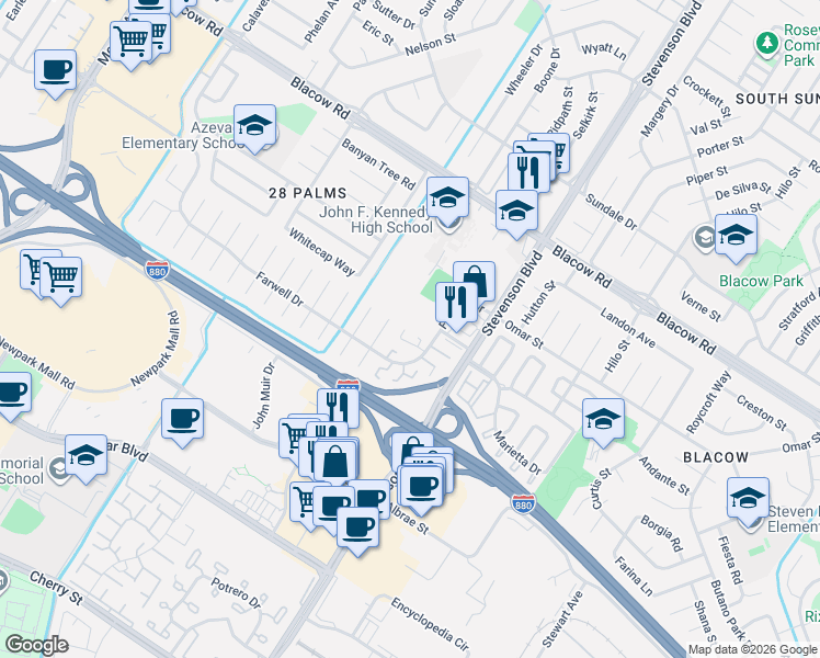 map of restaurants, bars, coffee shops, grocery stores, and more near 5588 Hemlock Terrace in Fremont