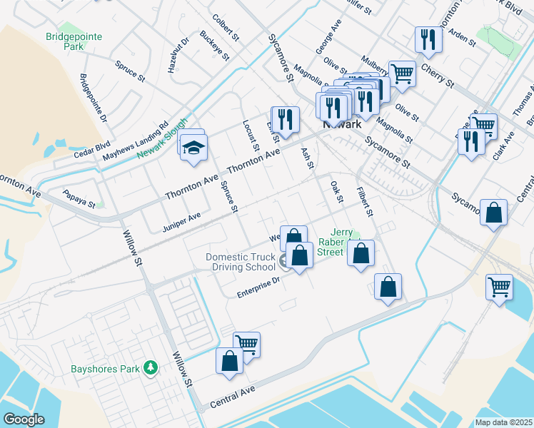 map of restaurants, bars, coffee shops, grocery stores, and more near 37168 Walnut Street in Newark