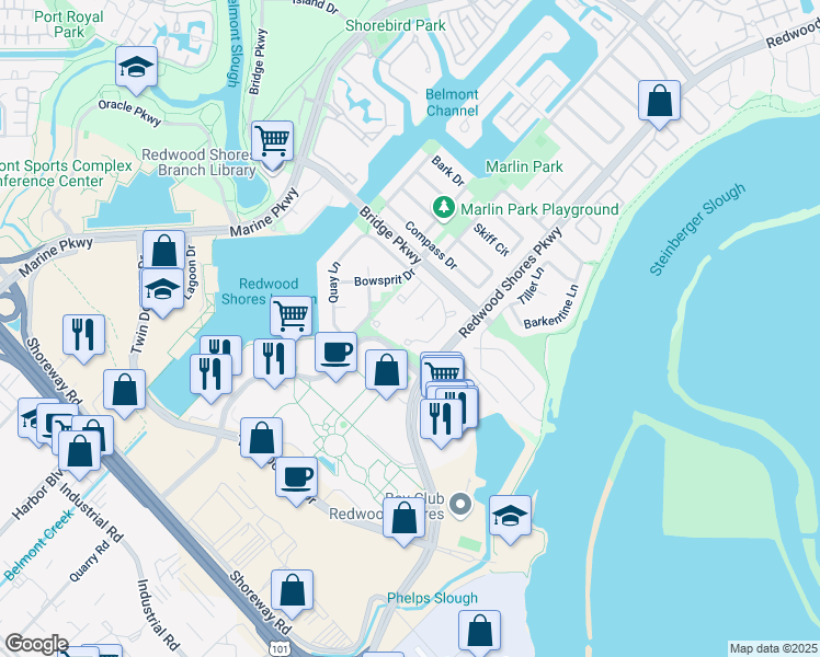 map of restaurants, bars, coffee shops, grocery stores, and more near 554 Lanyard Drive in Redwood City