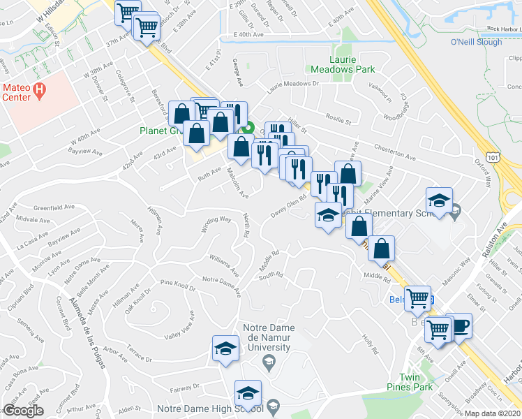 map of restaurants, bars, coffee shops, grocery stores, and more near 300 Davey Glen Road in Belmont