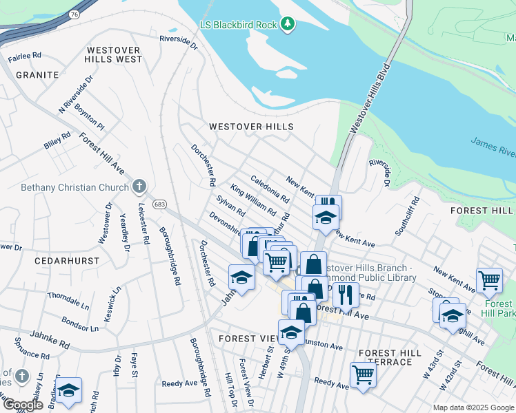 map of restaurants, bars, coffee shops, grocery stores, and more near 5118 King William Road in Richmond