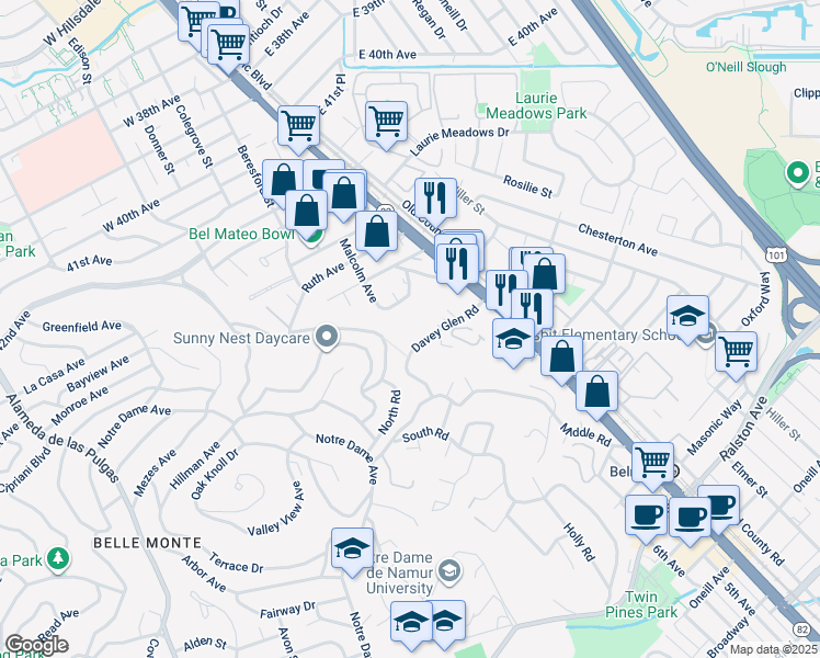 map of restaurants, bars, coffee shops, grocery stores, and more near 300 Davey Glen Road in Belmont