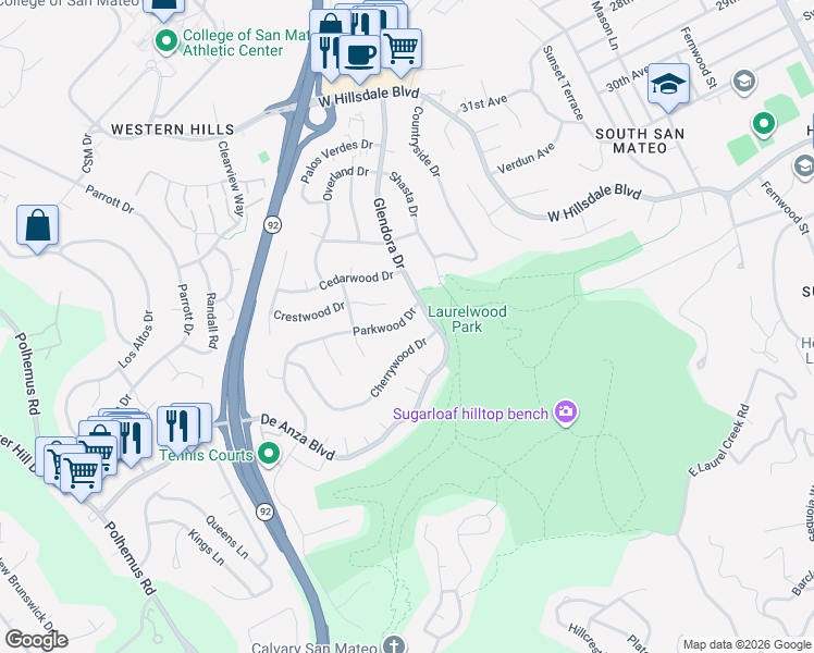 map of restaurants, bars, coffee shops, grocery stores, and more near 1413 Parkwood Drive in San Mateo