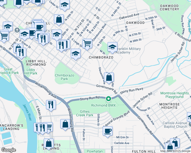 map of restaurants, bars, coffee shops, grocery stores, and more near 3801 Glenwood Avenue in Richmond