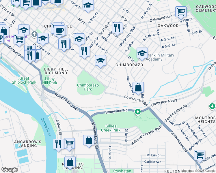 map of restaurants, bars, coffee shops, grocery stores, and more near 3580 East Broad Street in Richmond