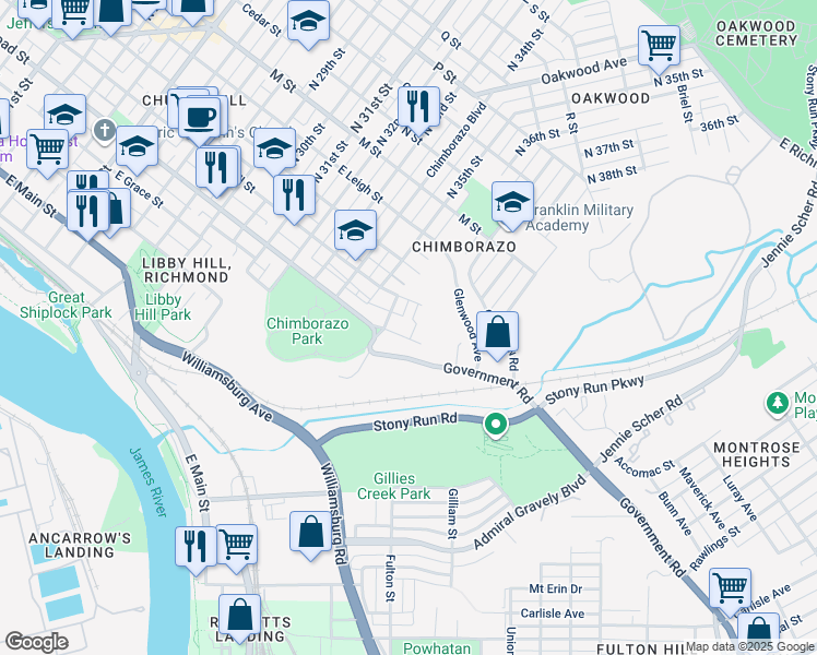 map of restaurants, bars, coffee shops, grocery stores, and more near 3612 East Broad Street in Richmond