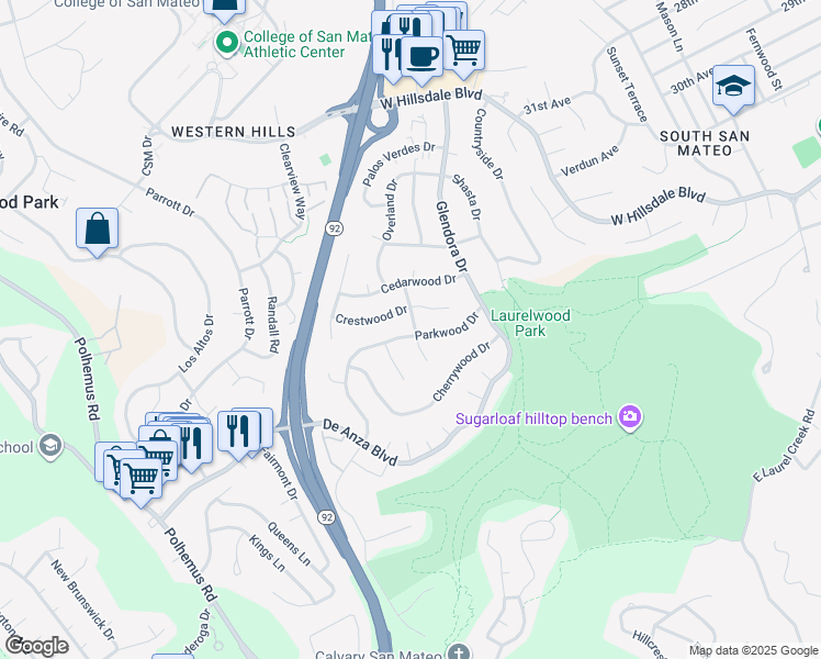 map of restaurants, bars, coffee shops, grocery stores, and more near 1500 Parkwood Drive in San Mateo