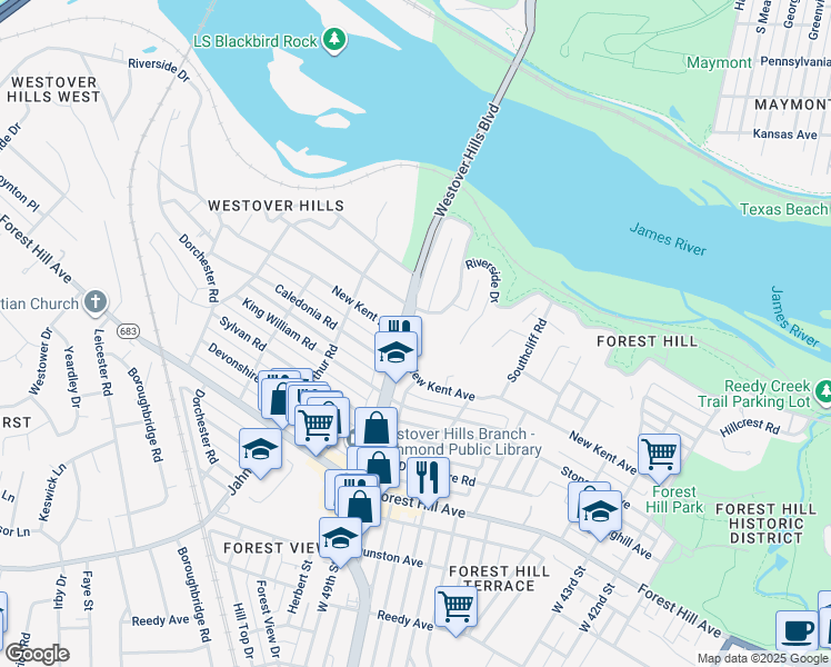 map of restaurants, bars, coffee shops, grocery stores, and more near 1901 Westover Hills Boulevard in Richmond