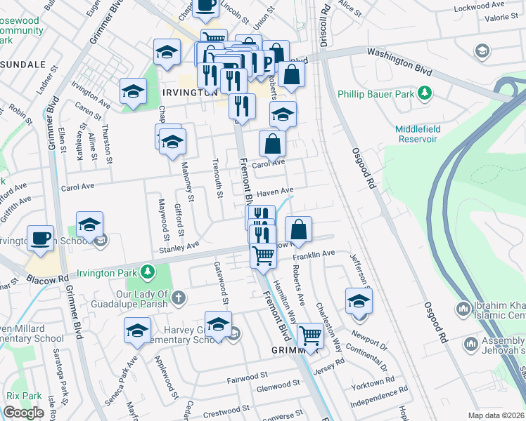 map of restaurants, bars, coffee shops, grocery stores, and more near 41784 Wild Indigo Terrace in Fremont