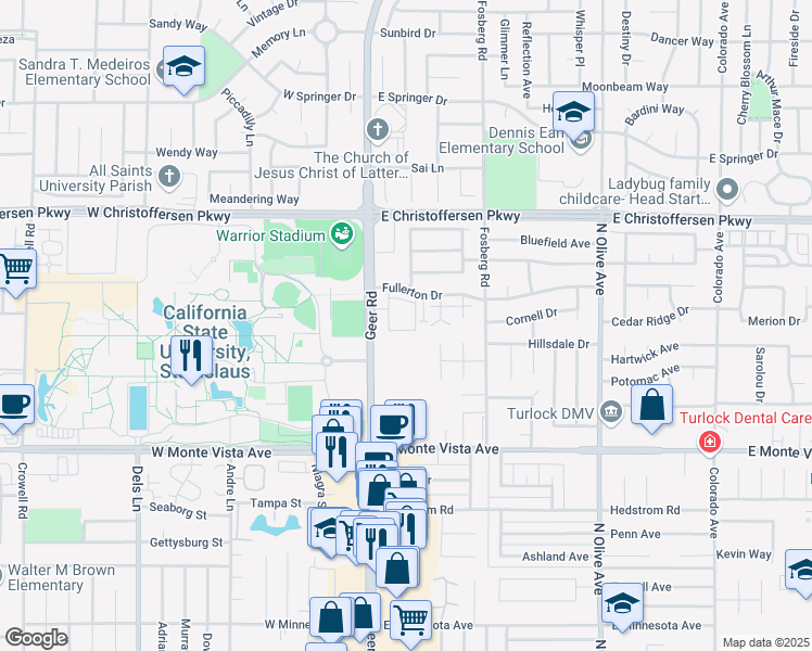 map of restaurants, bars, coffee shops, grocery stores, and more near 3609 Nicole Court in Turlock