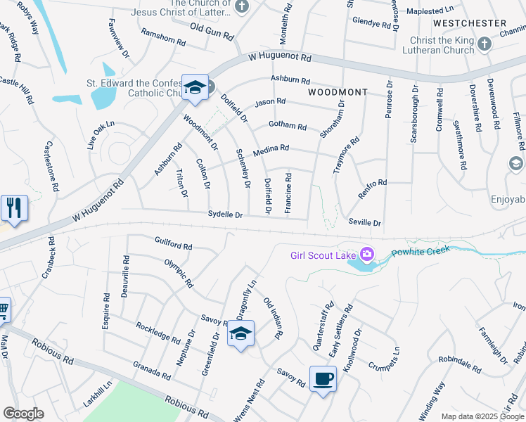 map of restaurants, bars, coffee shops, grocery stores, and more near 2300 Dolfield Drive in Richmond