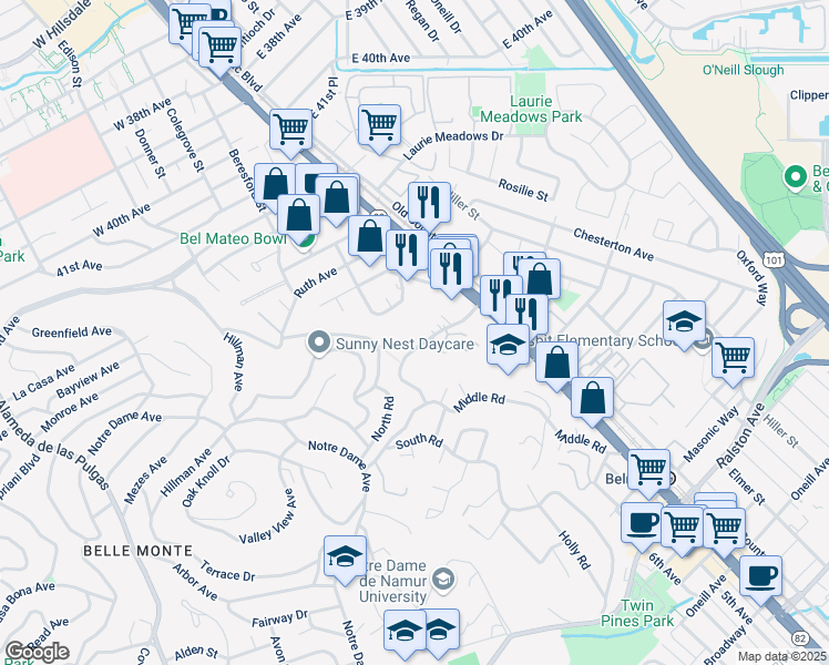 map of restaurants, bars, coffee shops, grocery stores, and more near 300 Davey Glen Road in Belmont
