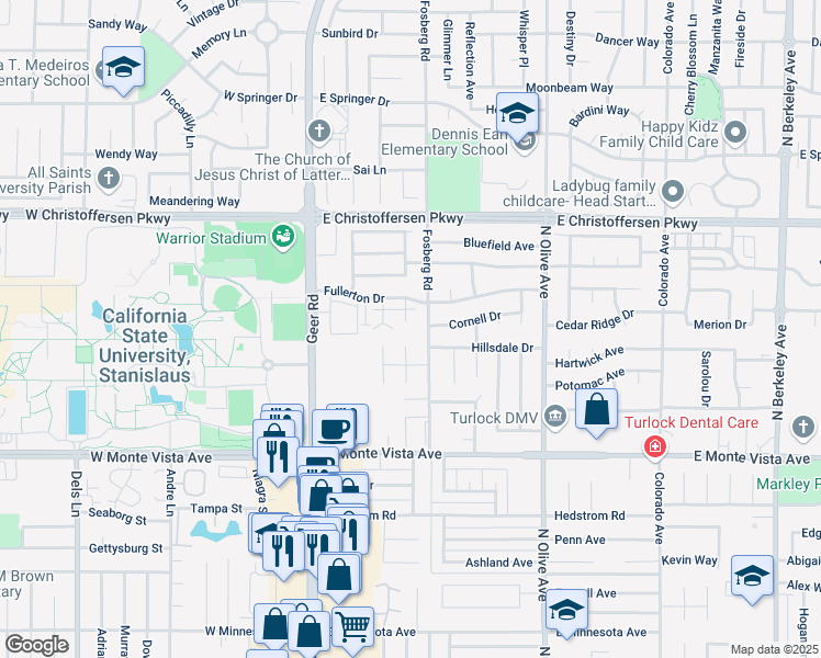 map of restaurants, bars, coffee shops, grocery stores, and more near 3640 Tuscany Place in Turlock