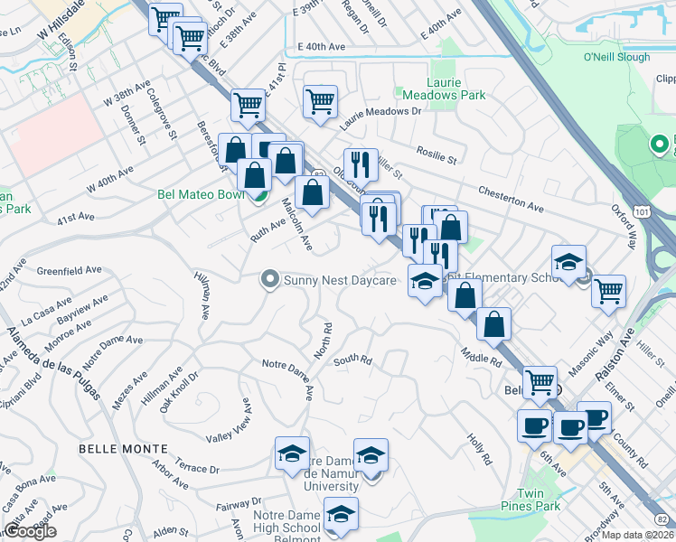 map of restaurants, bars, coffee shops, grocery stores, and more near 300 Davey Glen Road in Belmont