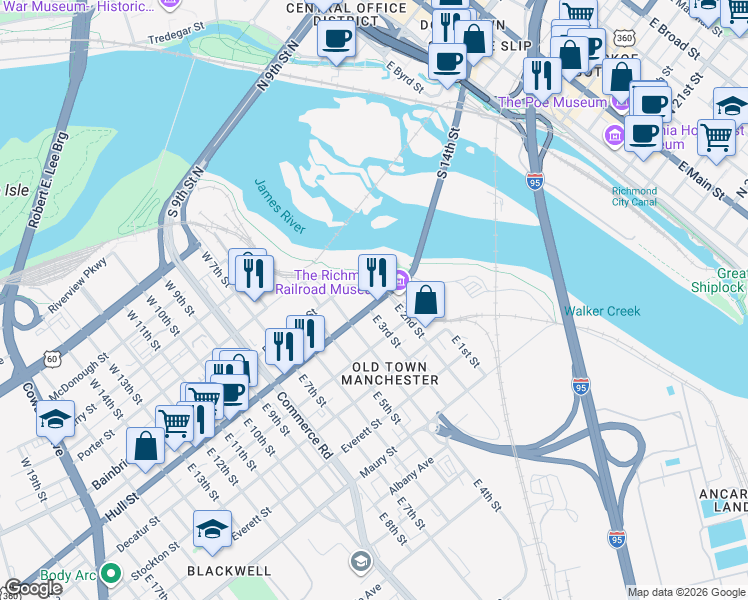 map of restaurants, bars, coffee shops, grocery stores, and more near 7 East 2nd Street in Richmond