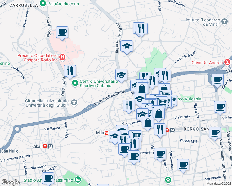 map of restaurants, bars, coffee shops, grocery stores, and more near 6 Viale Andrea Doria in Catania