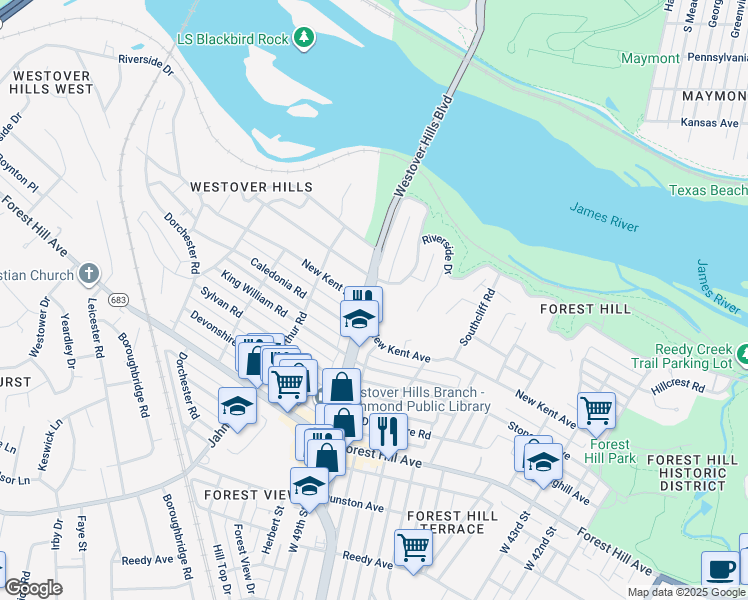 map of restaurants, bars, coffee shops, grocery stores, and more near 1901 Westover Hills Boulevard in Richmond