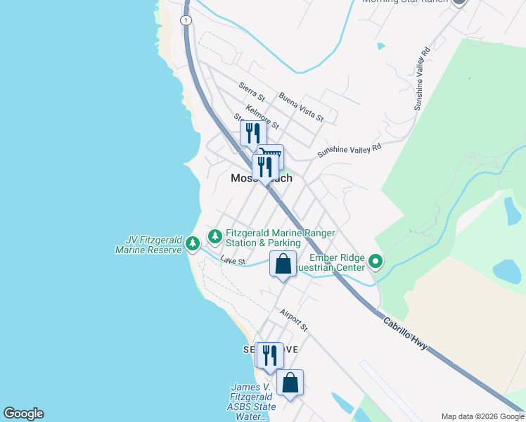 map of restaurants, bars, coffee shops, grocery stores, and more near 450 Virginia Avenue in Moss Beach