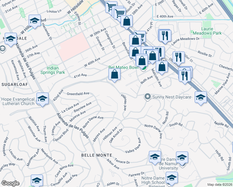 map of restaurants, bars, coffee shops, grocery stores, and more near 1708 Mills Avenue in Belmont