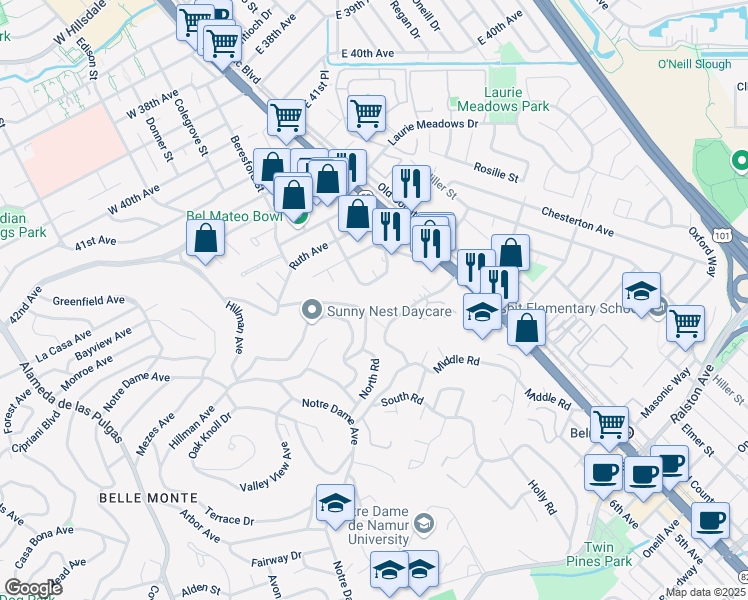 map of restaurants, bars, coffee shops, grocery stores, and more near 1230 North Road in Belmont