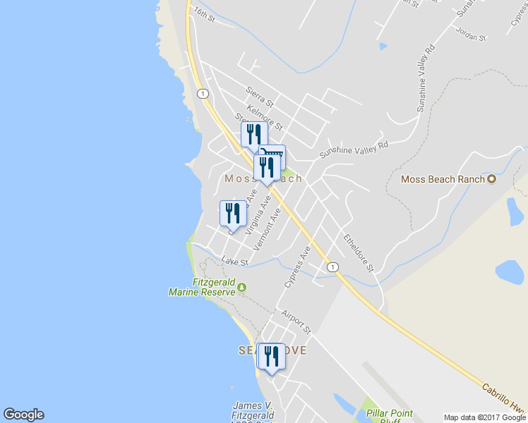 map of restaurants, bars, coffee shops, grocery stores, and more near 450 Virginia Avenue in Moss Beach