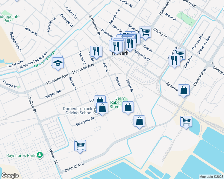 map of restaurants, bars, coffee shops, grocery stores, and more near 7629 Wells Avenue in Newark