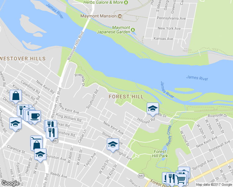 map of restaurants, bars, coffee shops, grocery stores, and more near 4601 Riverside Drive in Richmond