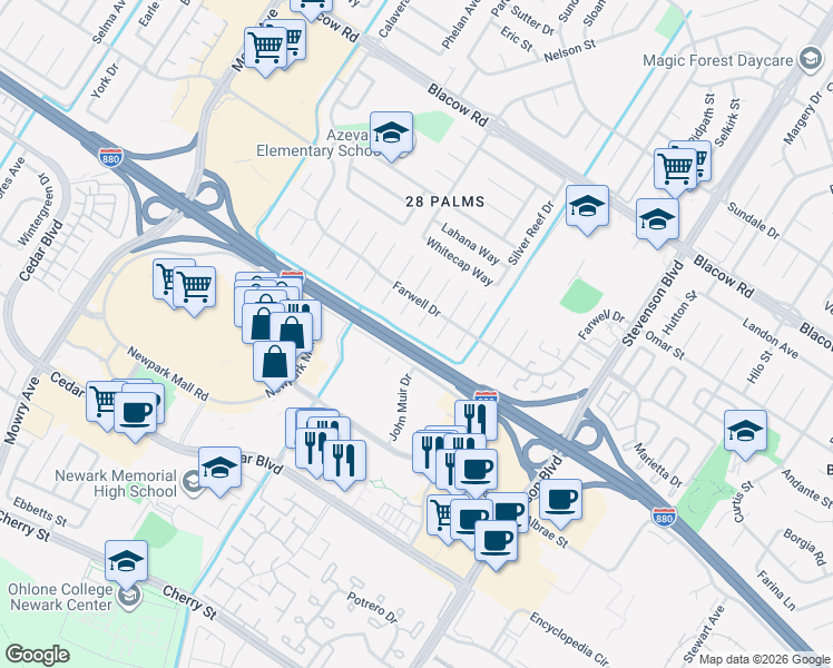 map of restaurants, bars, coffee shops, grocery stores, and more near 5685 Roosevelt Place in Fremont